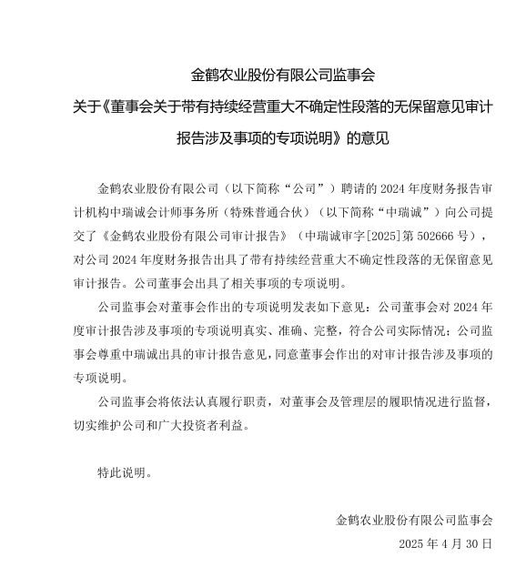 金鹤3:监事会关于《董事会关于带有持续经营重大不确定性段落的无保留意见审计报告涉及事项的专项说明》的意见(图2)